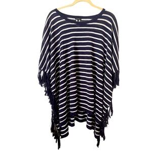 Talbots Linen Blend Navy‎ Blue and White Striped Knit Poncho with Fringe Trim